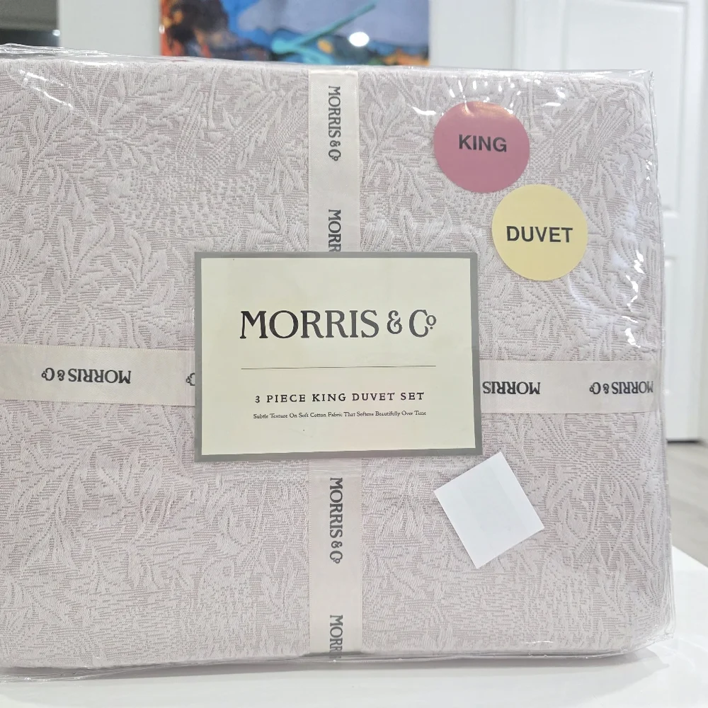 New William Morris & Co Pink Birds Cotton Textured KING Duvet & Shams Set